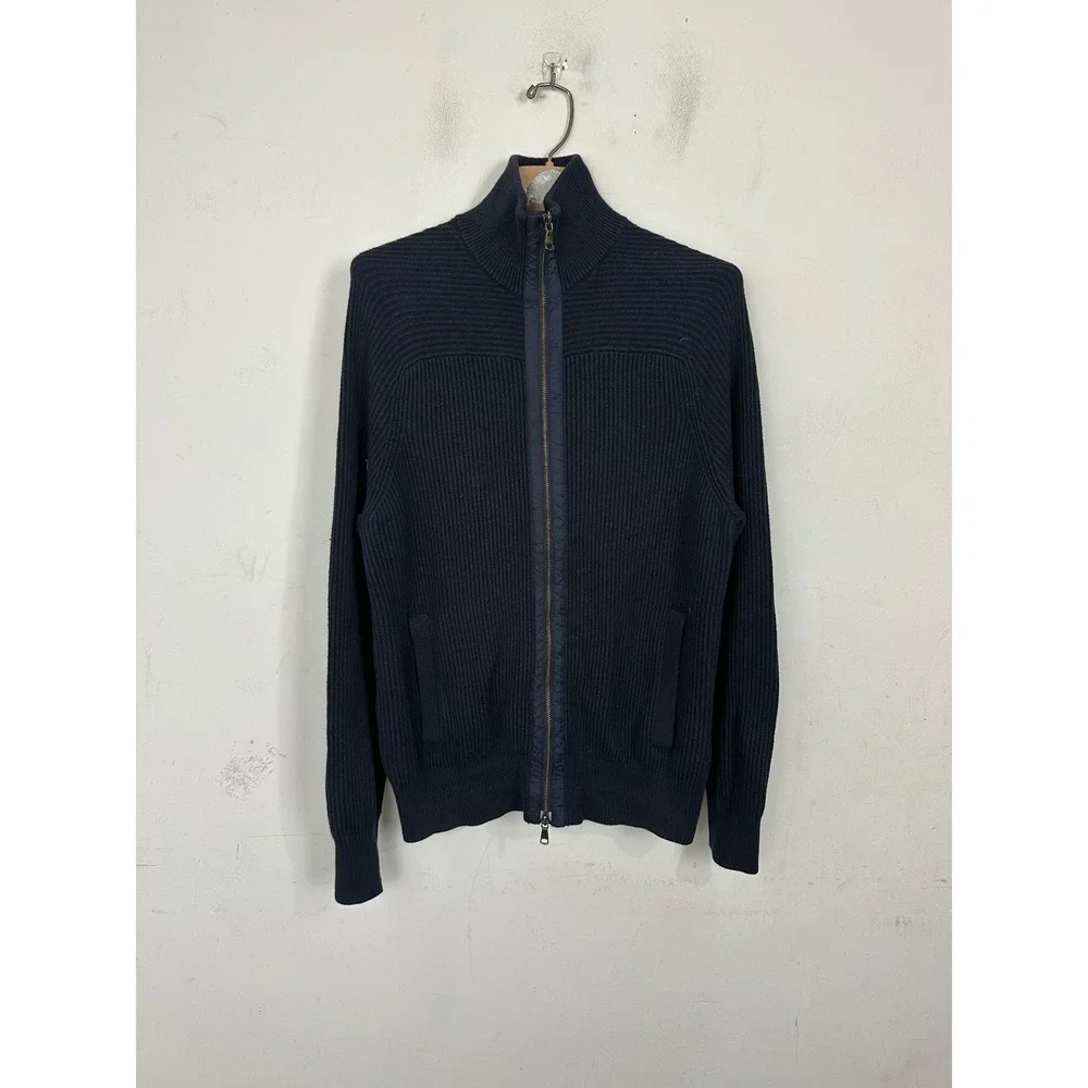 Banana Republic Mens Navy Blue Ribbed Full Zip Mock Neck Cardigan Sweater Large